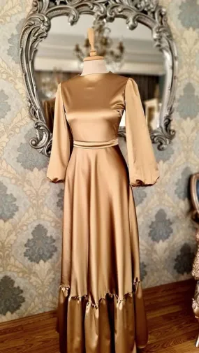 A-line Satin Long Sleeves Formal Dress Fashion Prom Dress Y5516