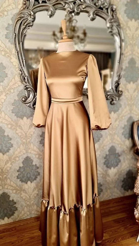 A-line Satin Long Sleeves Formal Dress Fashion Prom Dress Y5516