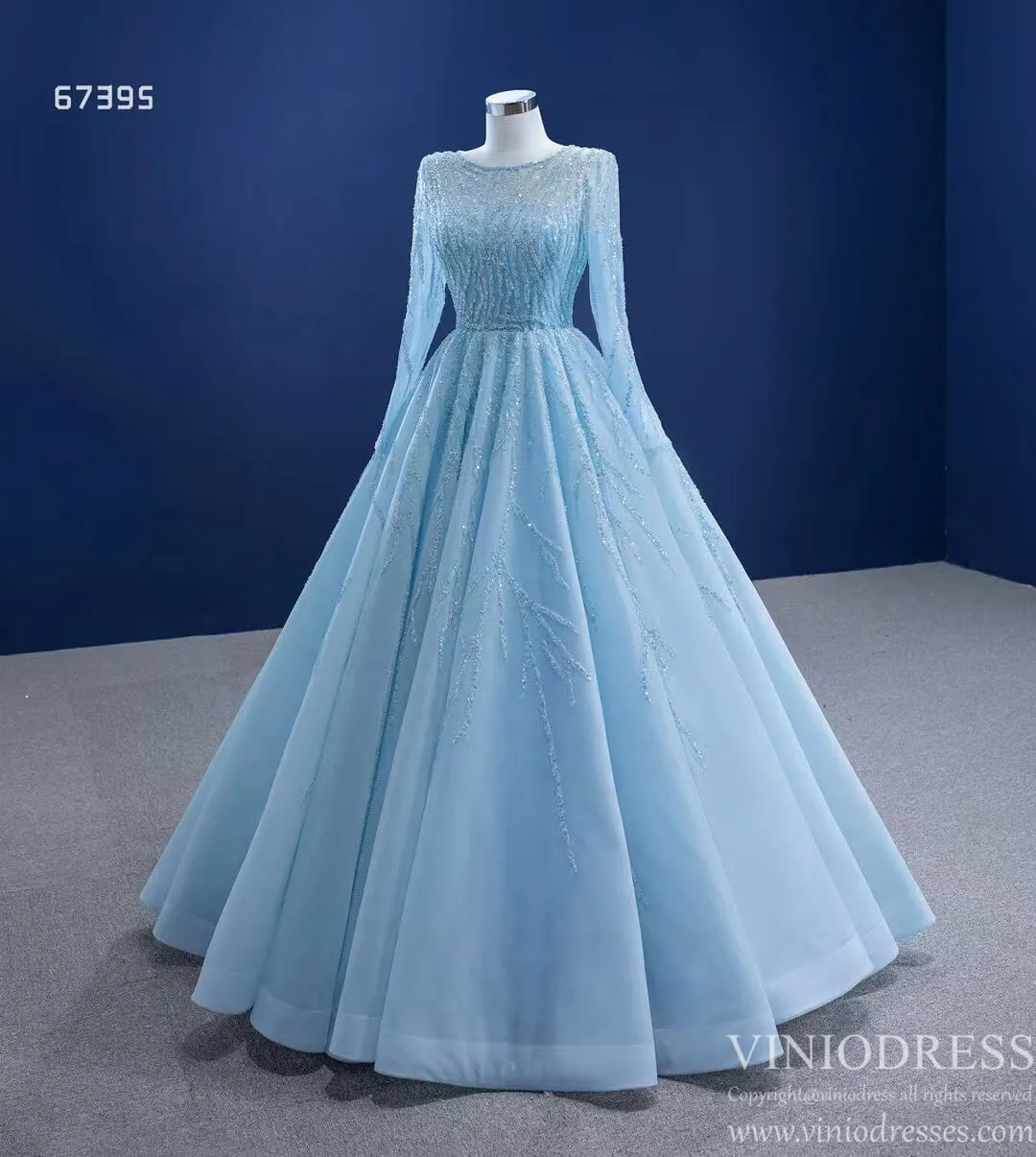 Beaded Baby Blue A-line Prom Dresses with Sleeves 67395 viniodress
