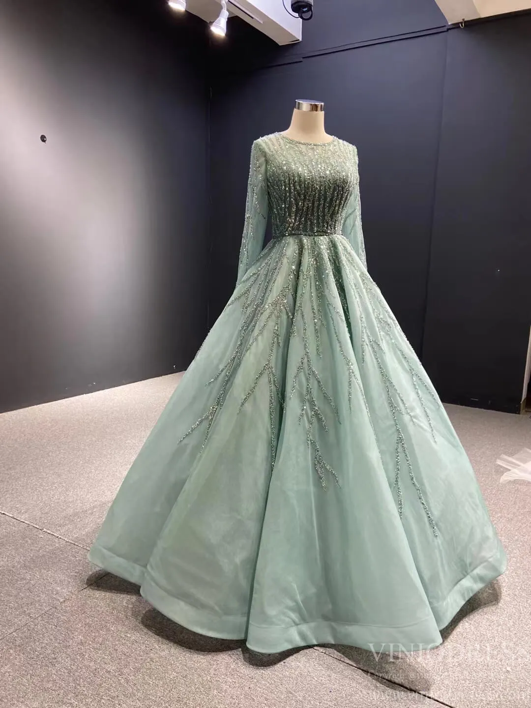 Beaded Baby Blue A-line Prom Dresses with Sleeves 67395 viniodress