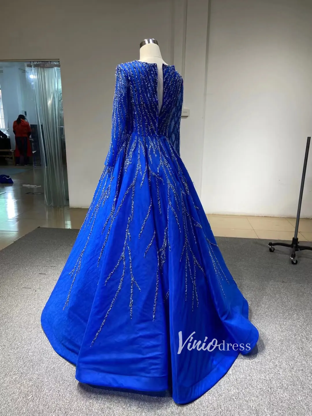 Beaded Baby Blue A-line Prom Dresses with Sleeves 67395 viniodress