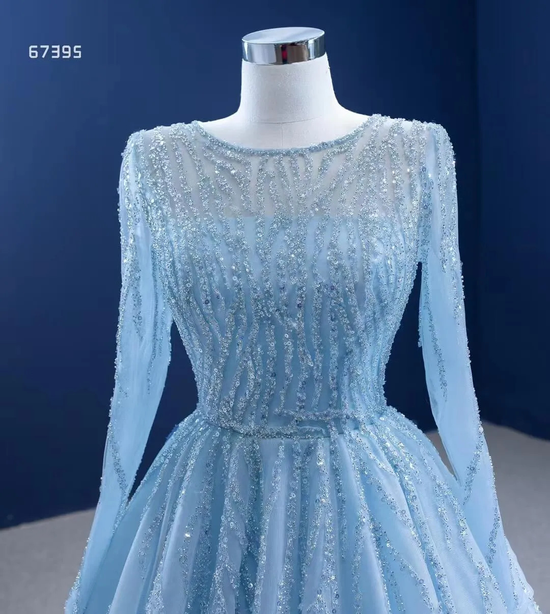 Beaded Baby Blue A-line Prom Dresses with Sleeves 67395 viniodress