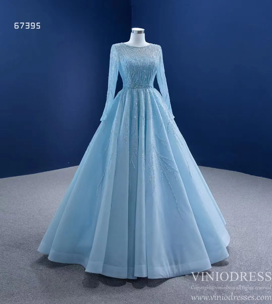 Beaded Baby Blue A-line Prom Dresses with Sleeves 67395 viniodress
