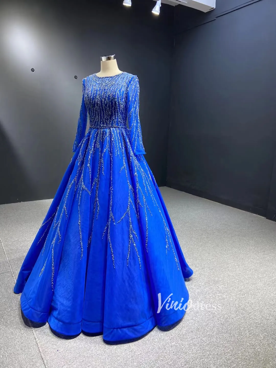 Beaded Baby Blue A-line Prom Dresses with Sleeves 67395 viniodress