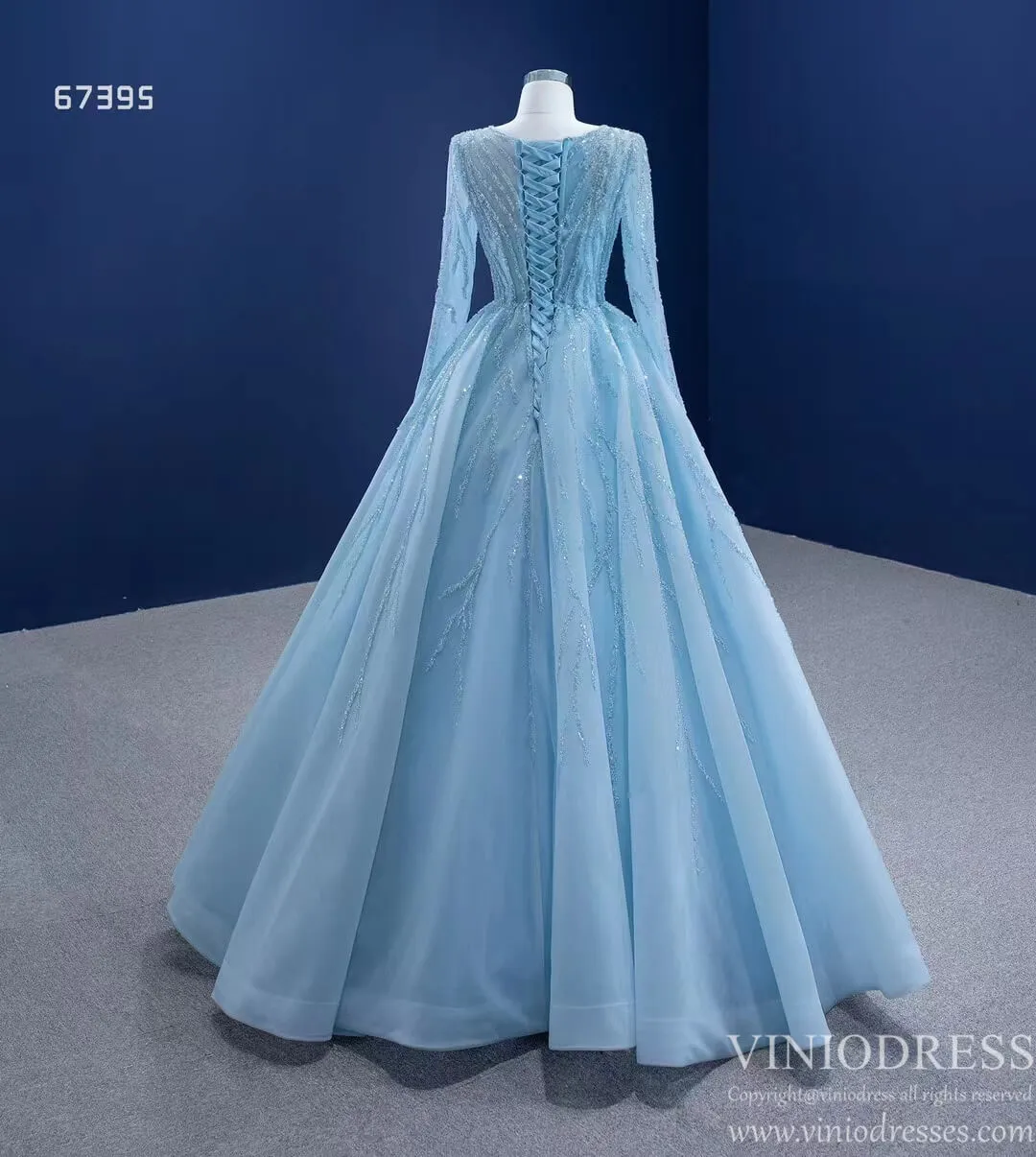 Beaded Baby Blue A-line Prom Dresses with Sleeves 67395 viniodress