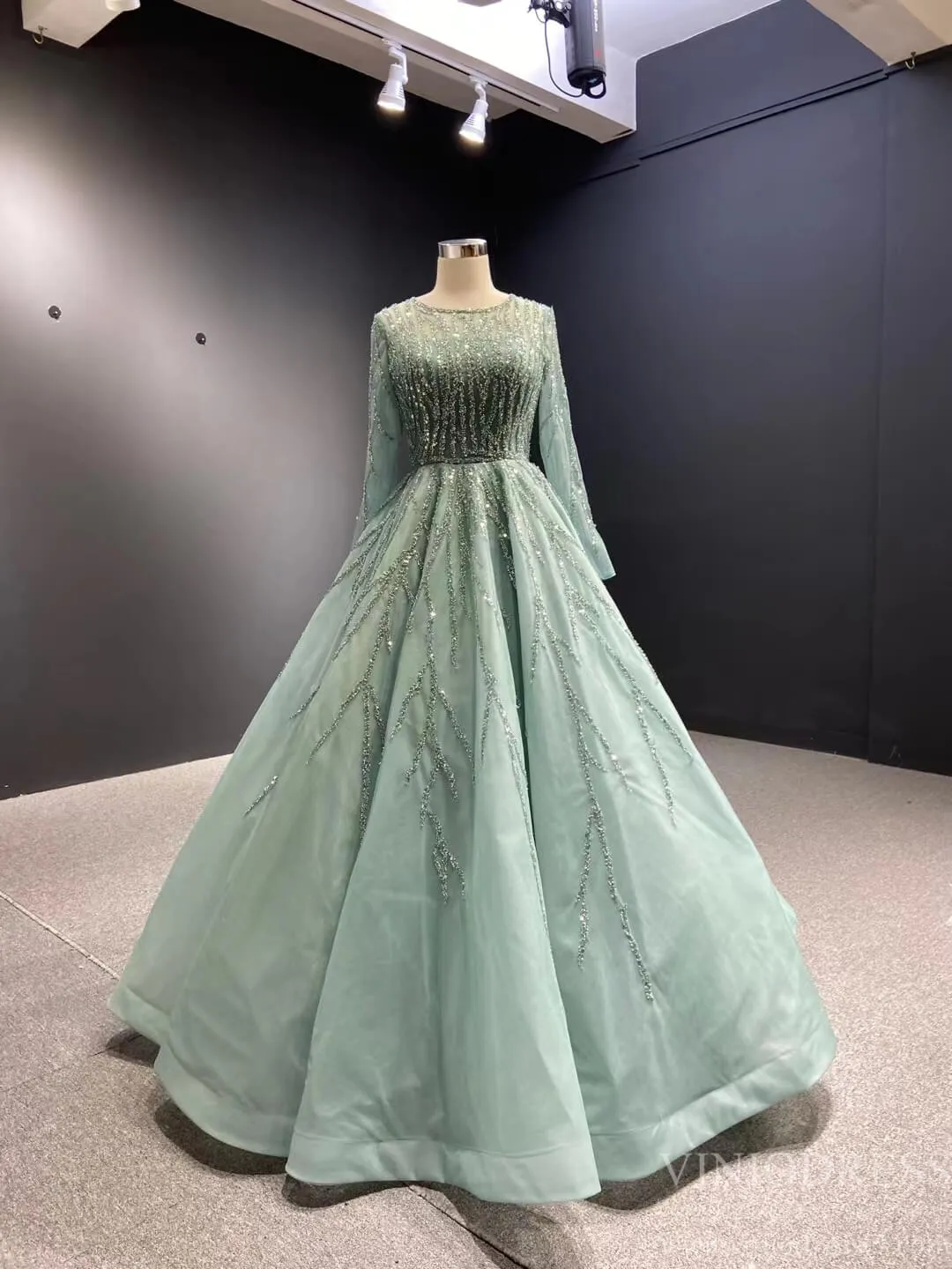 Beaded Baby Blue A-line Prom Dresses with Sleeves 67395 viniodress