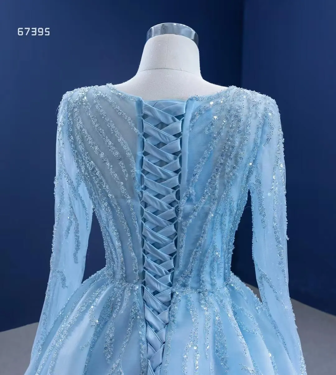 Beaded Baby Blue A-line Prom Dresses with Sleeves 67395 viniodress