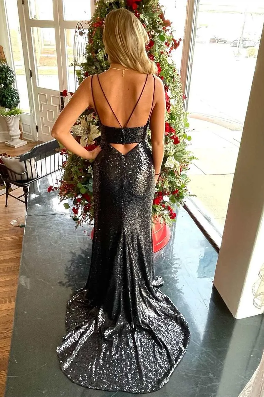Black Sequin Keyhole Long Mermaid Prom Dresses,BD93129