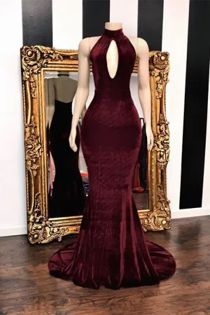 Halter Velvet Maroon Mermaid Wedding Guest Dress