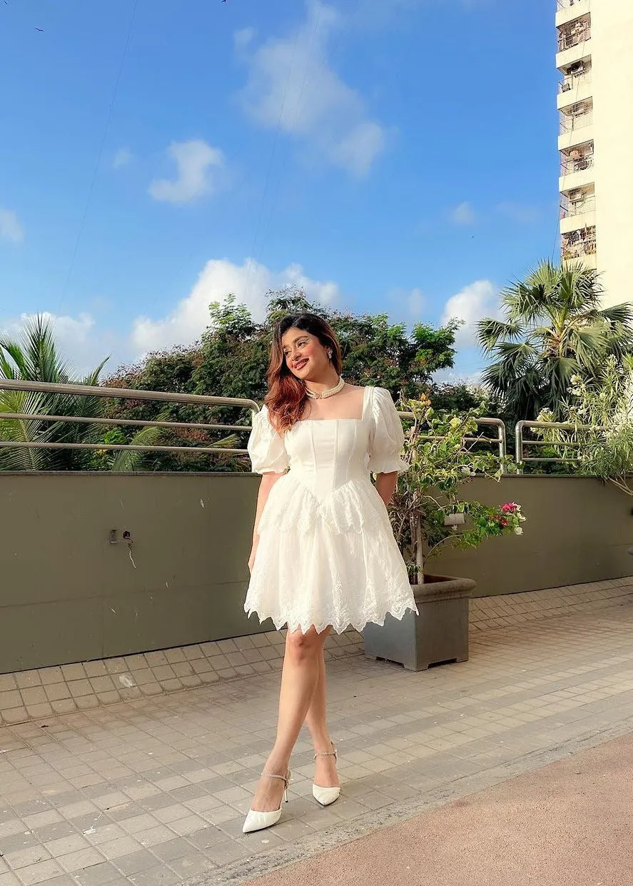 Ophelia White Embroidered Puff Mini Corset Dress