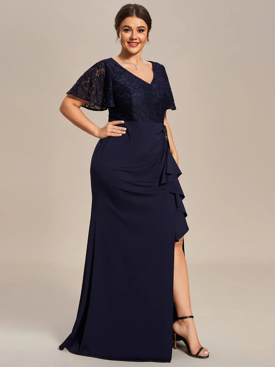 Plus Split Lotus Leaf Wholesale Lace Evening Dresses