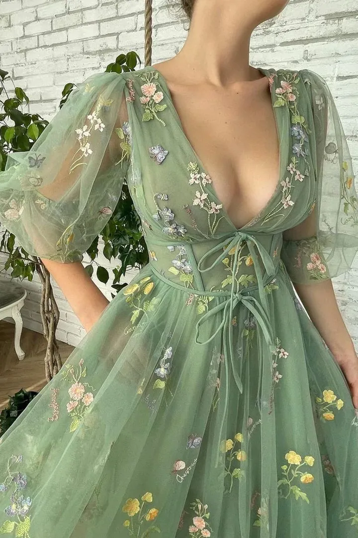 Sage Green Deep V-neck Lace Wedding Guest Dress with Bubble Sleeves