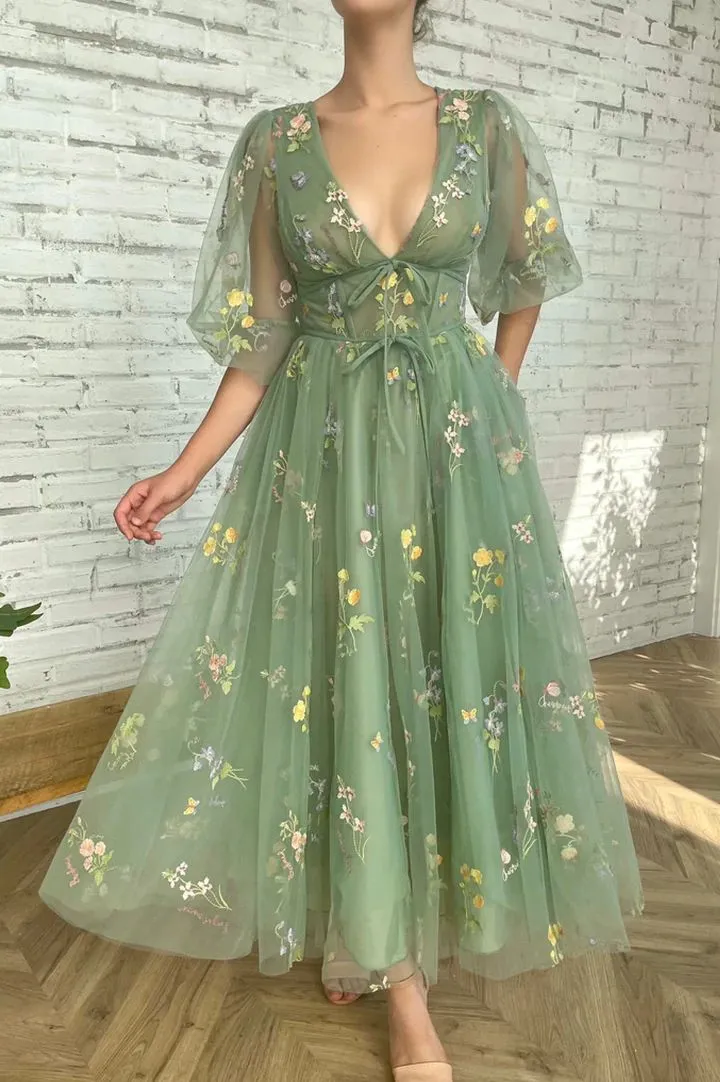 Sage Green Deep V-neck Lace Wedding Guest Dress with Bubble Sleeves