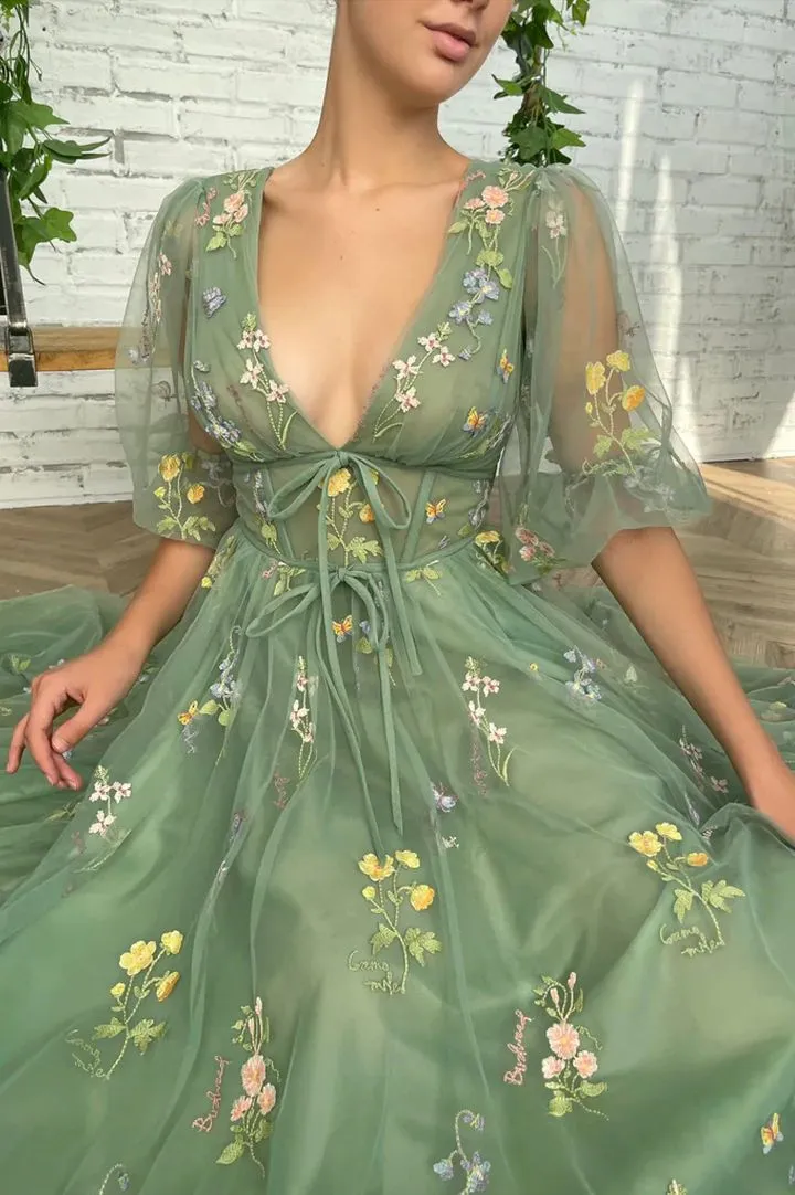 Sage Green Deep V-neck Lace Wedding Guest Dress with Bubble Sleeves