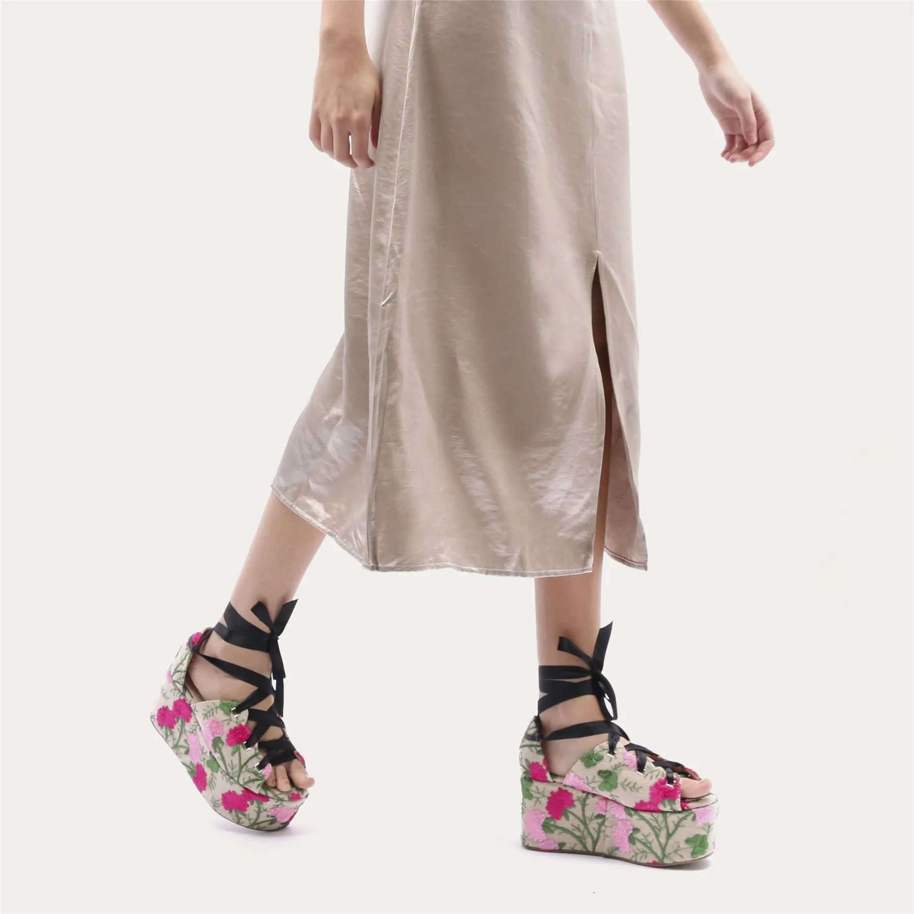 Storm Embroidered Lace Up Flatforms in Pink