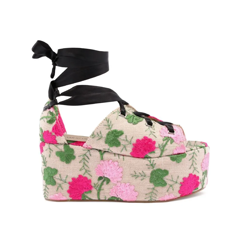 Storm Embroidered Lace Up Flatforms in Pink