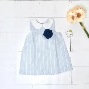 Tea Rose Dress in Linen Blue Stripes
