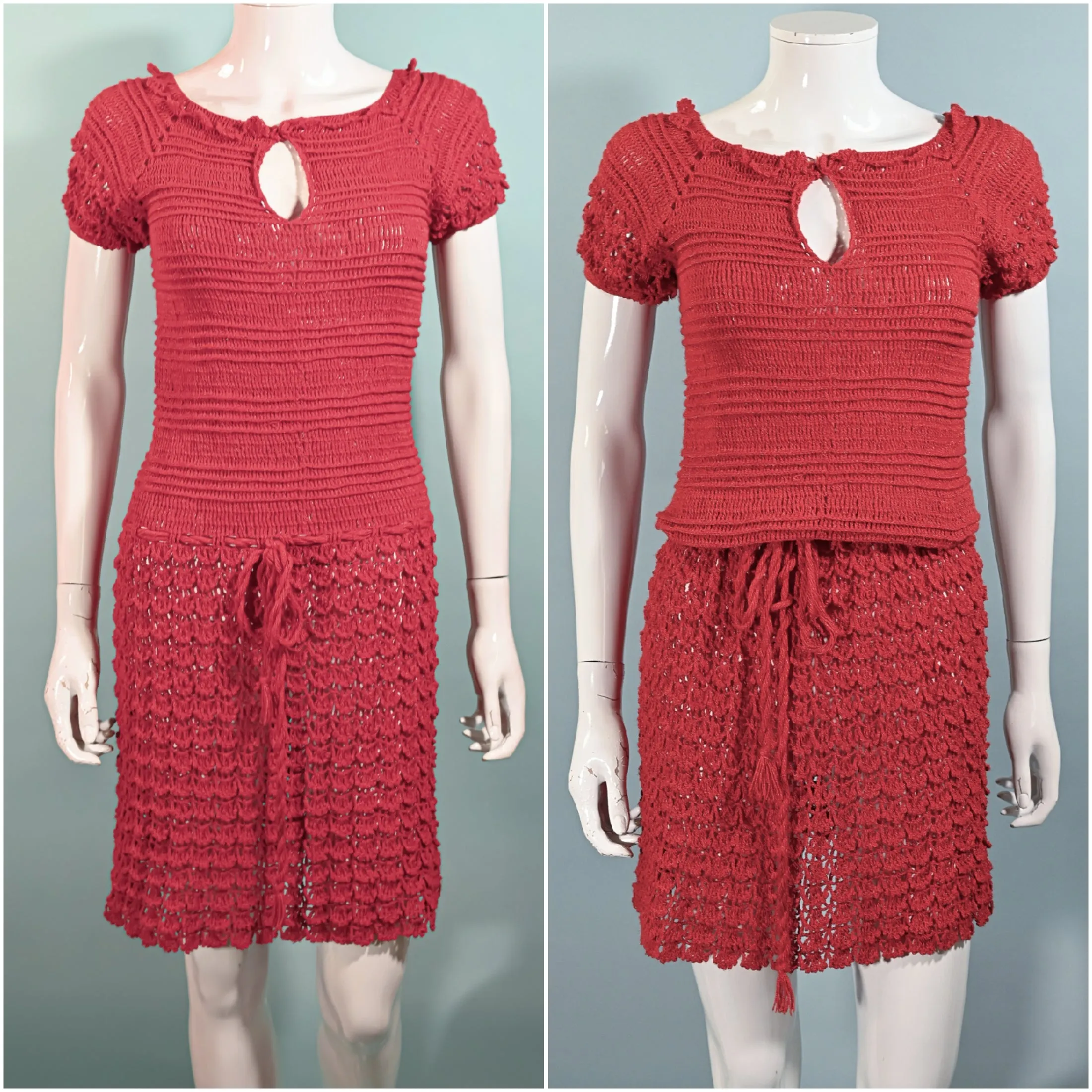 Vintage 1960s Red Crochet Mod Mini Dress S