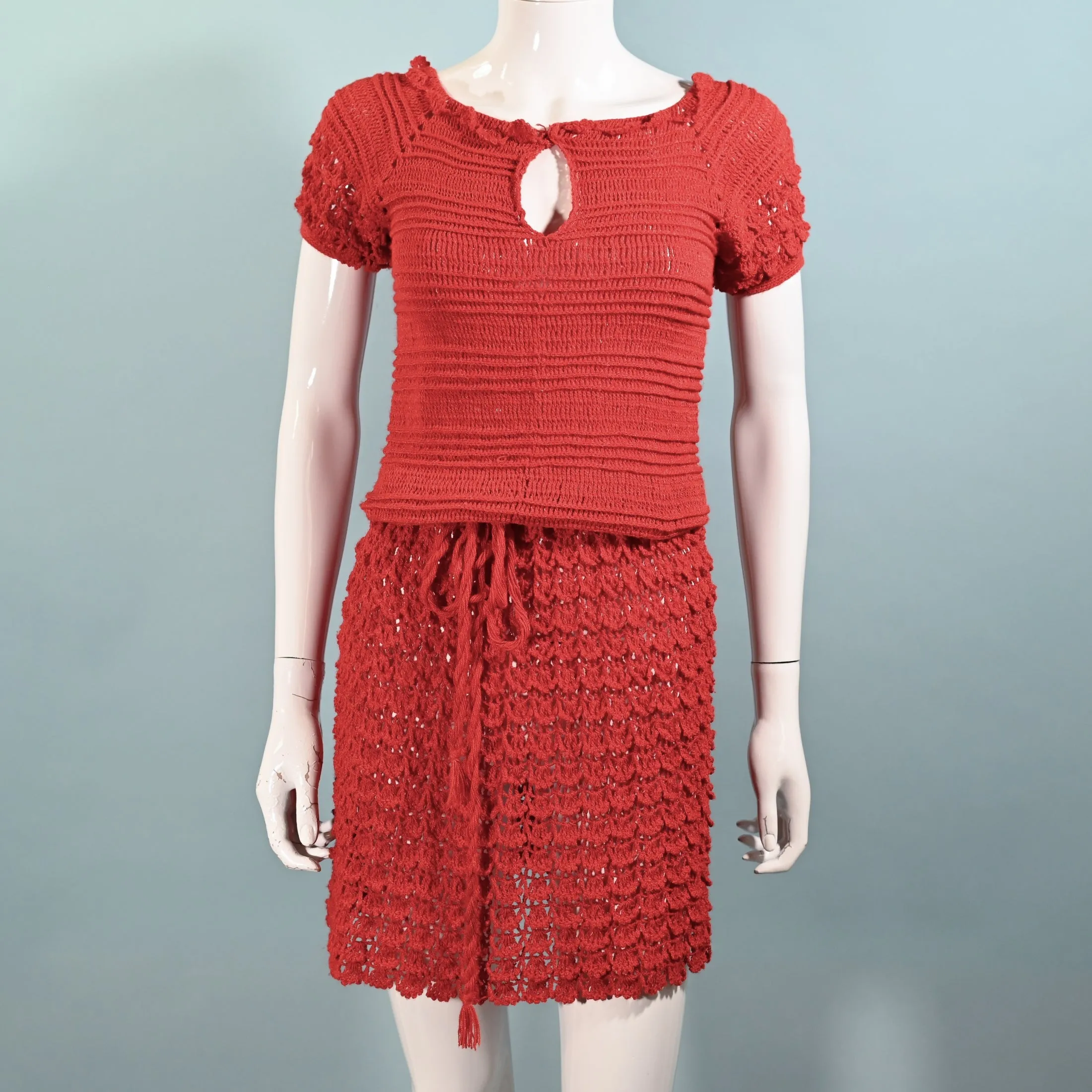 Vintage 1960s Red Crochet Mod Mini Dress S