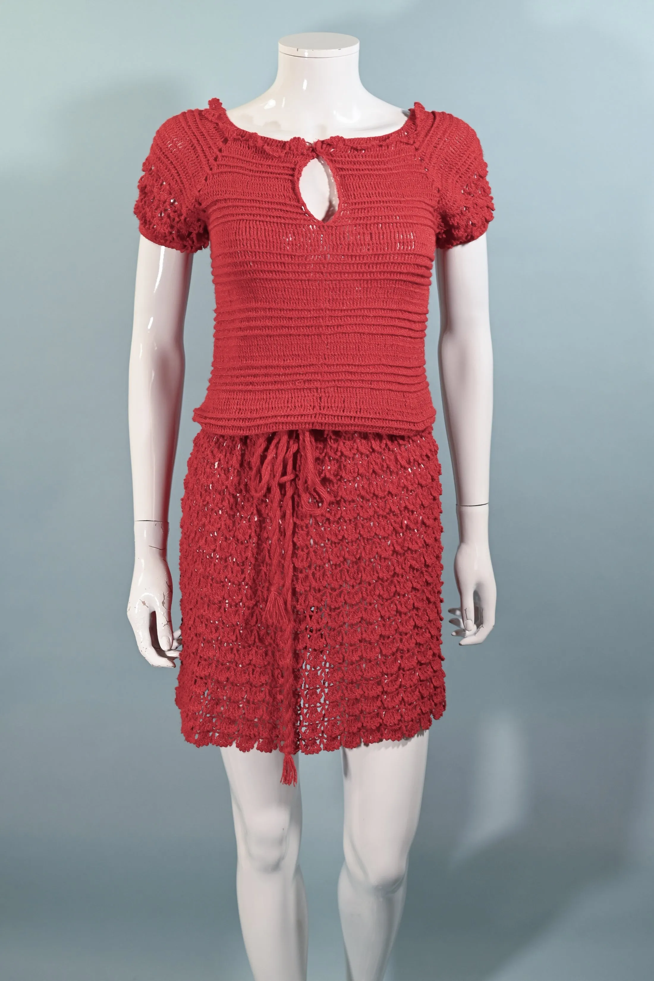 Vintage 1960s Red Crochet Mod Mini Dress S