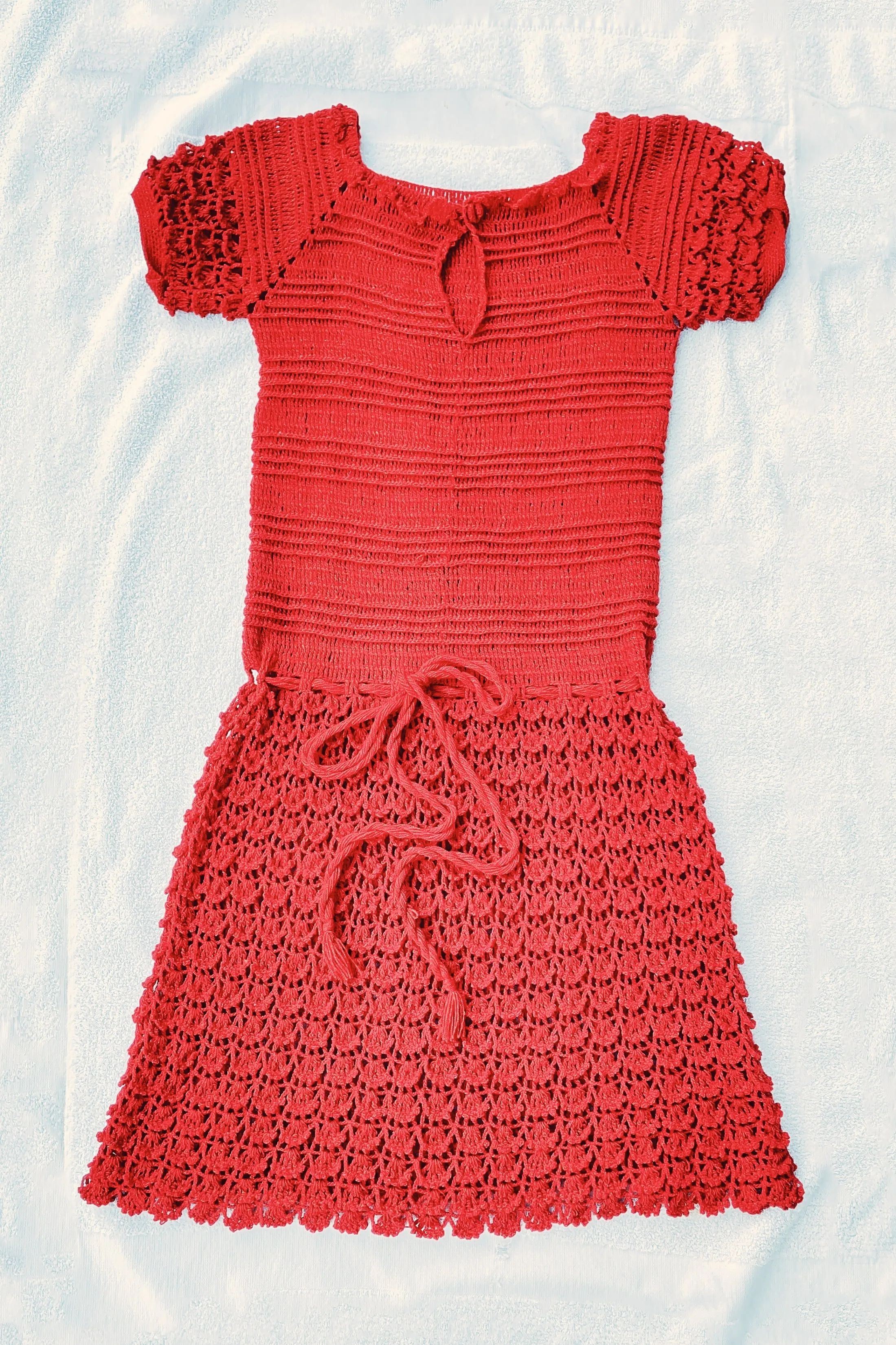 Vintage 1960s Red Crochet Mod Mini Dress S