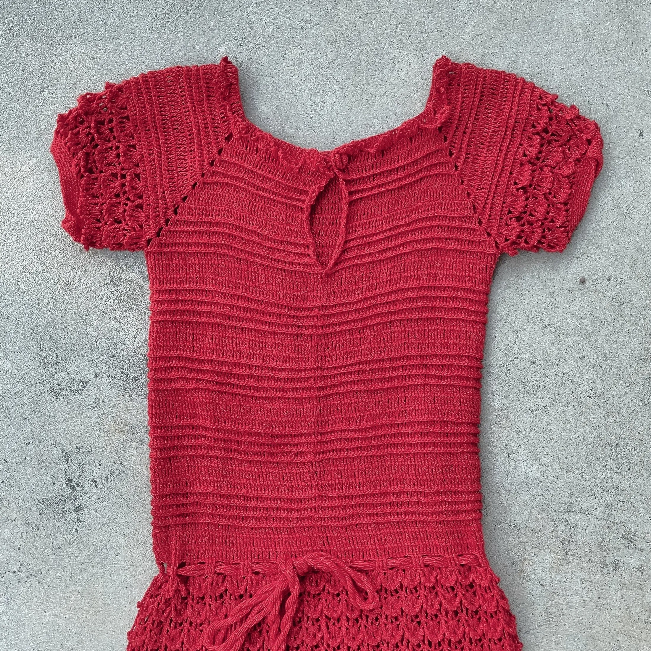 Vintage 1960s Red Crochet Mod Mini Dress S