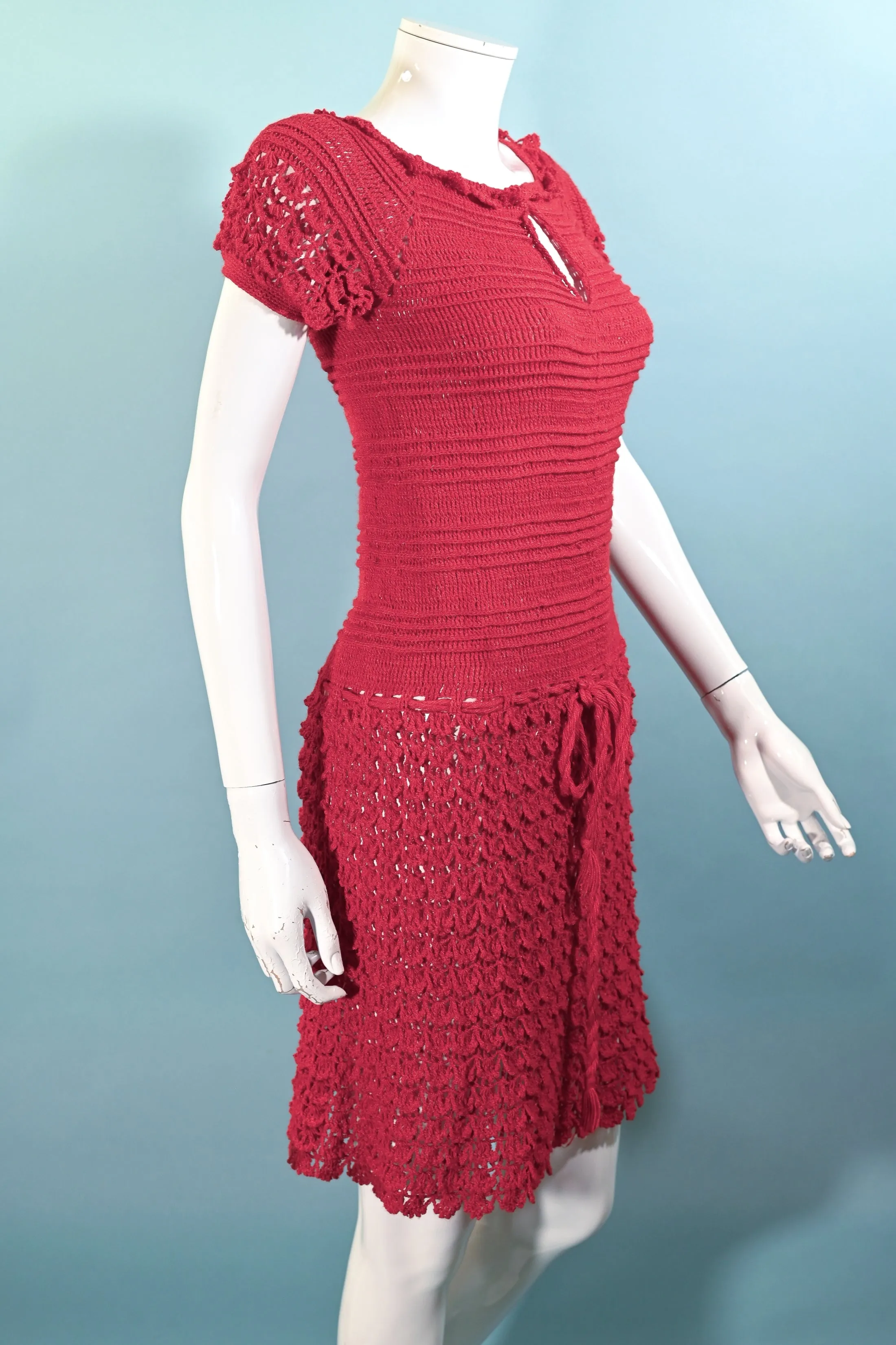 Vintage 1960s Red Crochet Mod Mini Dress S