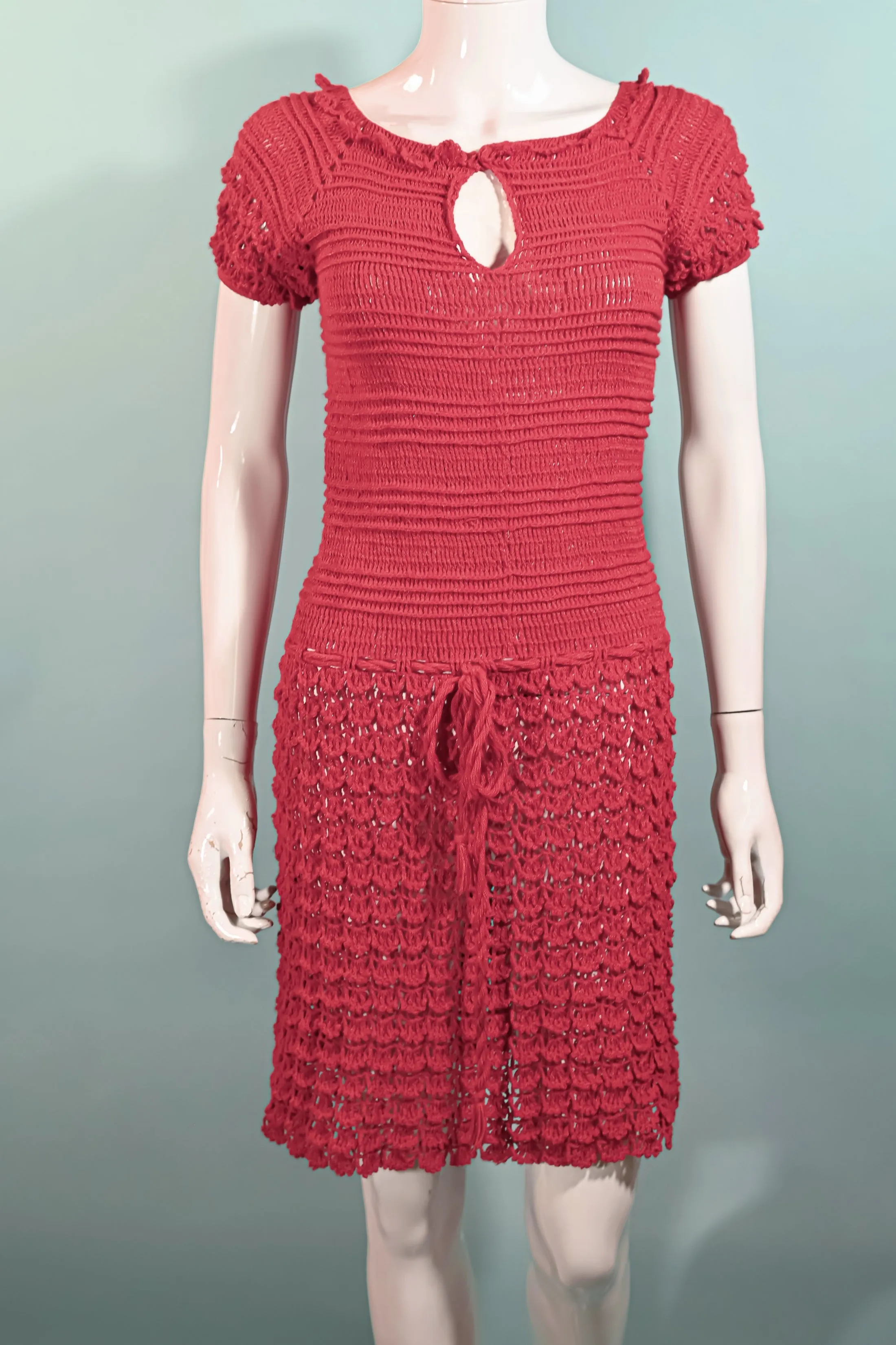 Vintage 1960s Red Crochet Mod Mini Dress S